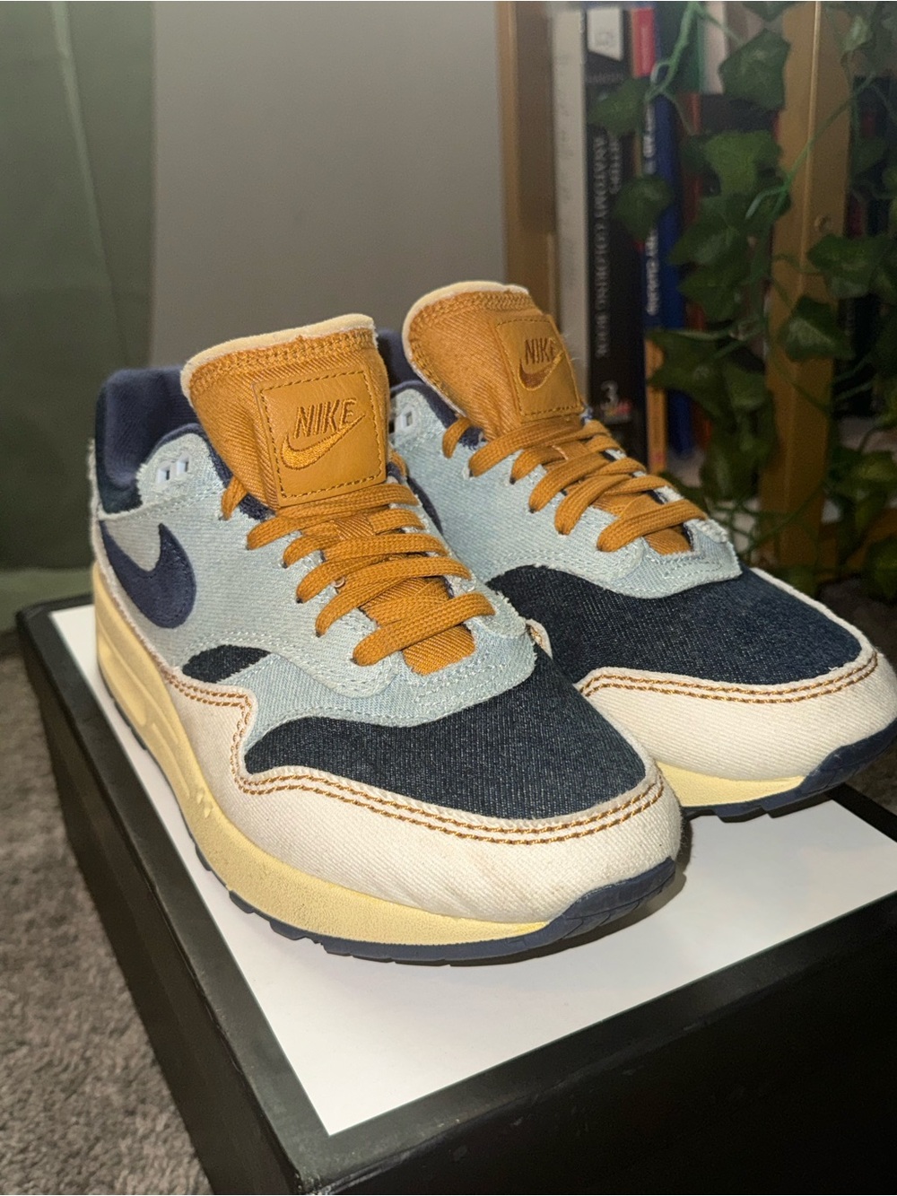 Nike Blue Denim and Tan Leather Low-Top Sneakers